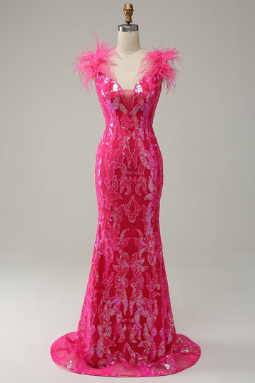 Sirena Fucsia Lentejulas Vestido de Graduación Con Plumas